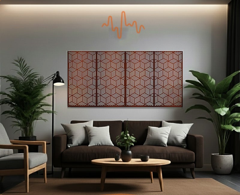 أكويستك موشان لوحات جدارية خشبية من خشب MDF من ACOUSTIC MOTION®، بتصميم ISOHEX مع شريط لاصق مزدوج الوجه، لون بني عصري، مناسبة للمنزل، غرفة المعيشة، غرفة النوم، المكتب والفندق، 25×50×0.5 سم، طقم من 4 قطع - Image 1